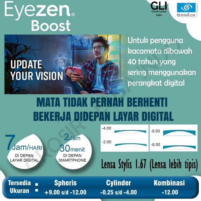 Lensa Kacamata Essilor Eyezen BOOST Stylis 1.67 Plus/Pro/Max Crizal