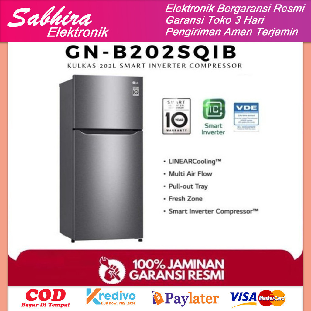 Kulkas lg 2 pintu inverter 202 liter top freezer gn b202sqib kapasitas besar