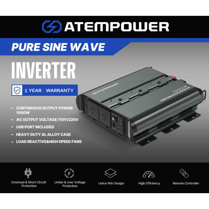 Inveter 12V 1000Watt Pure Sine Wave Power Inverter Model Slim Cocok Untuk Campervan PLTS Solar Panel
