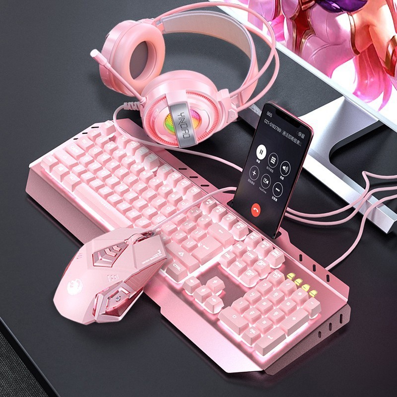 Gaming Keyboard dan mouse full set semi Mechanical Feel Pink Girl Cute LED light Mekanikal keboard k