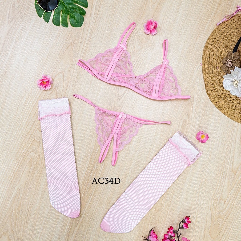 Stocking + Pakaian Dalam Wanita Set Bra G String Lace Pink Ac34D