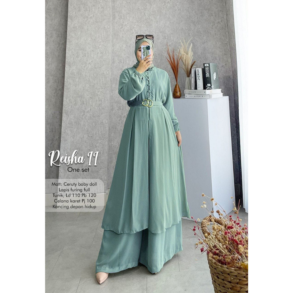 Tunik Wanita Reisha 3 / Set Tunik Celana Terlaris / Tunik Bahan Ceruty Baby Doll Free Belt