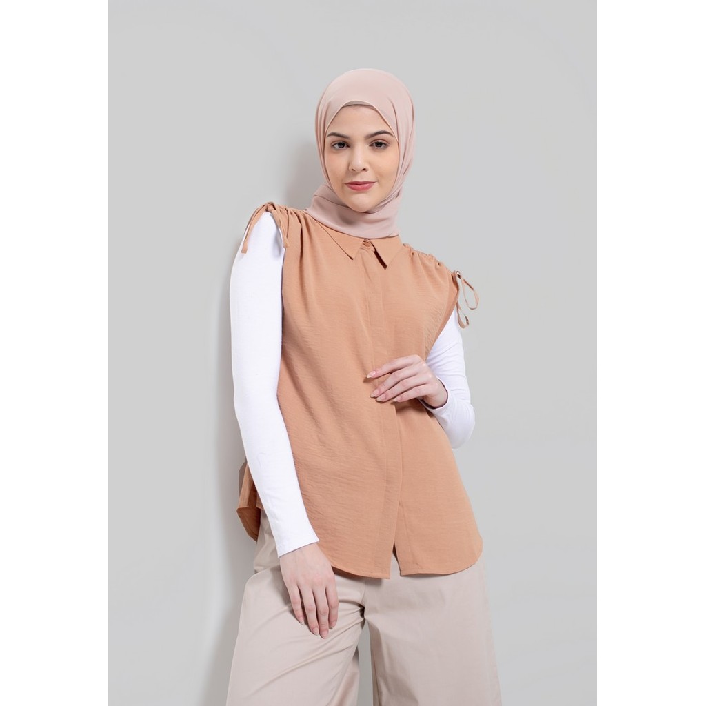 Greenlight Kemeja Polos Original Tanpa Lengan Poly Crinkle Sleeveless Wanita Coklat L210722
