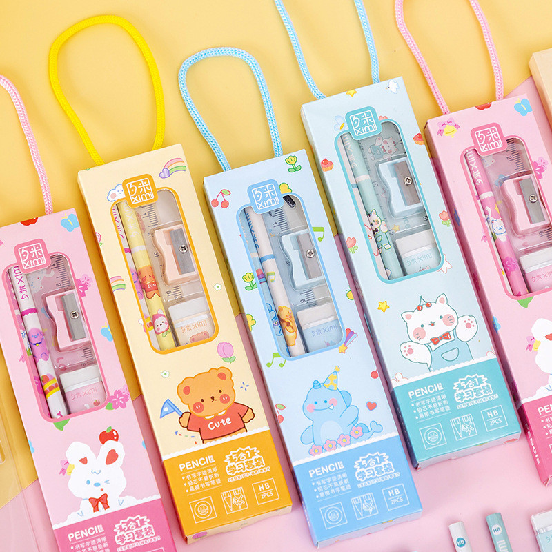 

1 Set 5 Piece Stationery School Office Supplies Student Gift Prize Creative Kawaii Eraser Ruler Pencil Sharpener