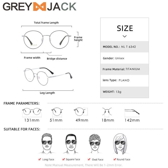 Grey Jack Frame Kacamata Bahan Titanium Ringan Model Oval 6342 - BLACK SILVER, FRAME SAJA