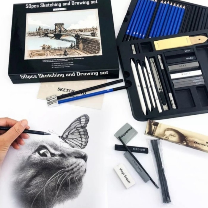 

Pensil Gambar Sketsa 50 Pcs Sketching Pencil Sketsa Art Kit Tools Set