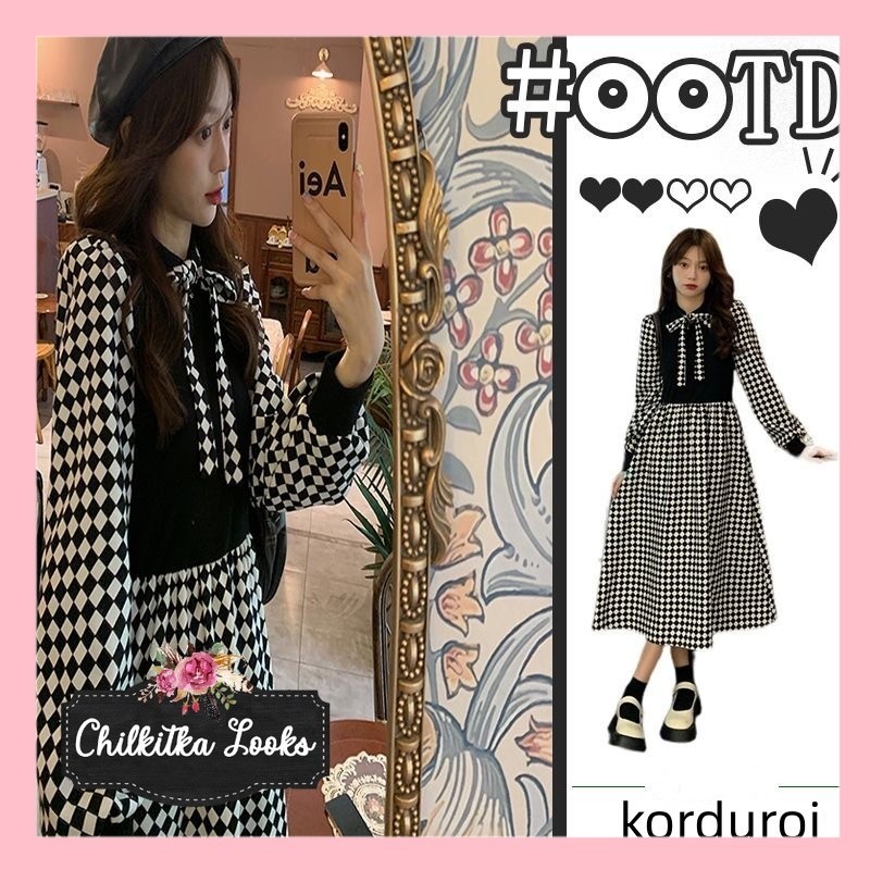 CHILKITKA LOOKS FASHION BANGKOK  Gaun Kotak-kotak Korduroi Rok Panjang Elegan Retro