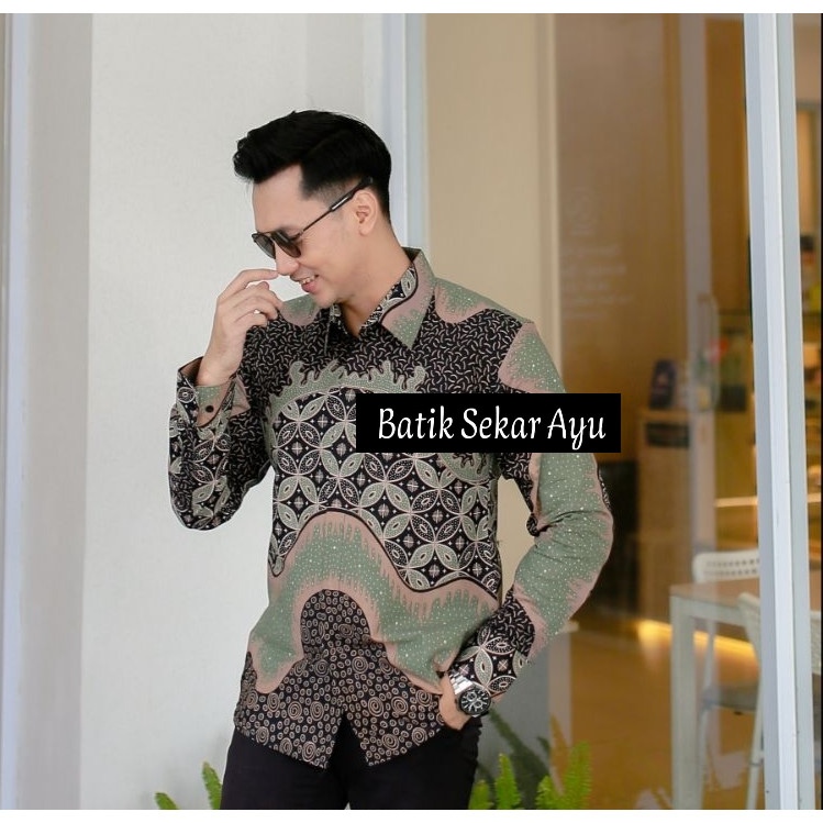 SAGE GREEN Baju Batik Pria Modern Slimfit Lengan Panjang Terbaru Hijau Sage - Baju Hem Batik Pria Co