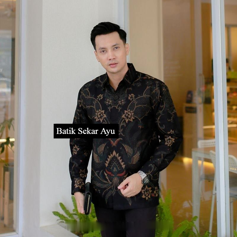 ARGANI Baju Batik Pria Modern Premium Lengan Panjang Terbaru - Baju Hem Batik Pria Hitam Tangan Panj