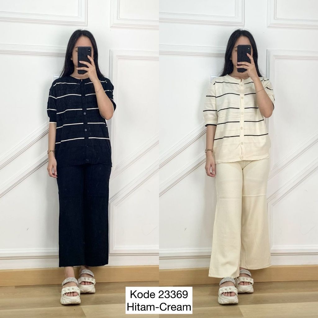 23369 ONE SET RAJUT GARIS SET CELANA PANJANG POLOS MIX ATASAN BLOUSE LENGAN PENDEK MOTIF GARIS FULL 