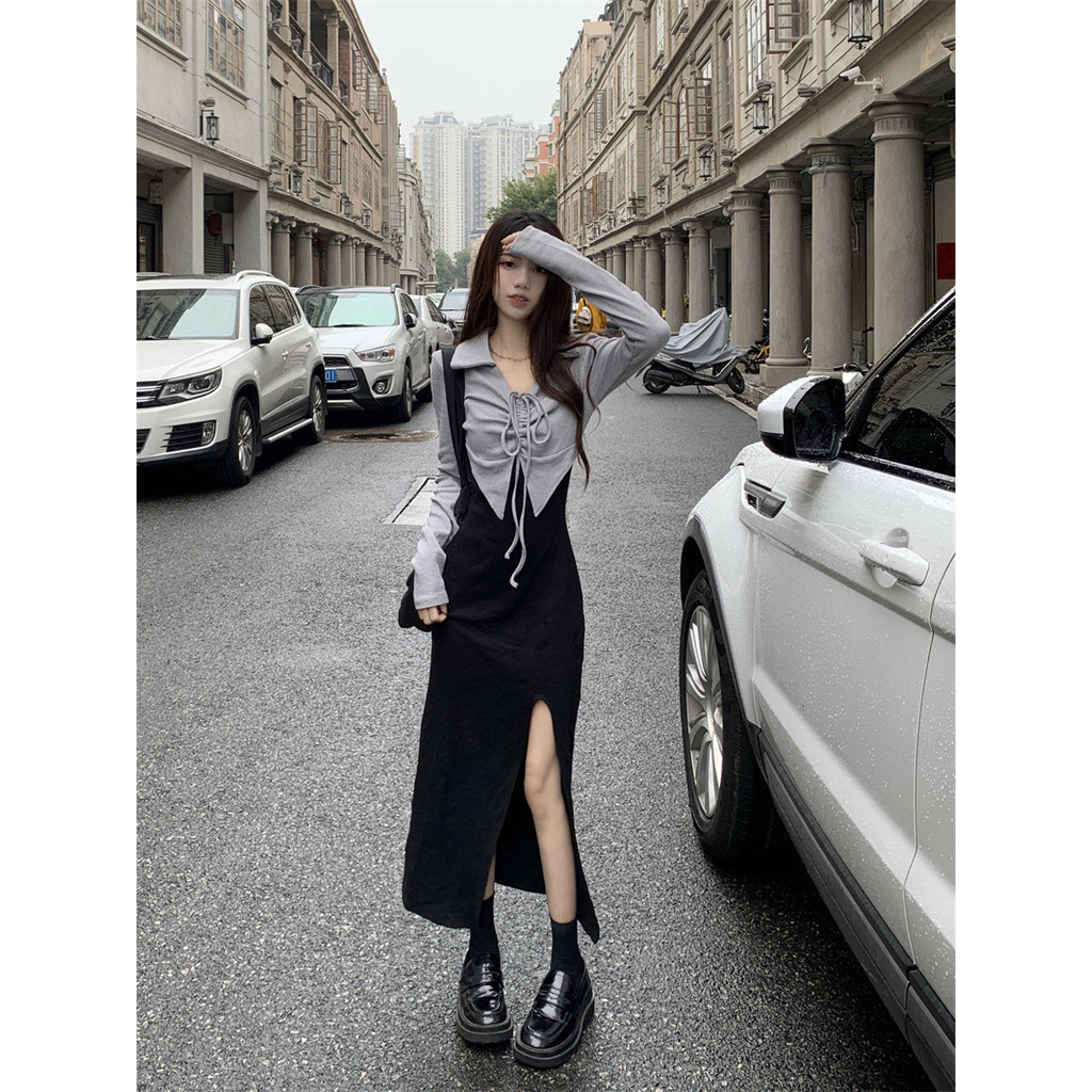 Midi Dress 2 Warna Hitam dan Abu Berlengan Panjang (Belahan TIDAK setinggi foto) - Dress Casual Kasu