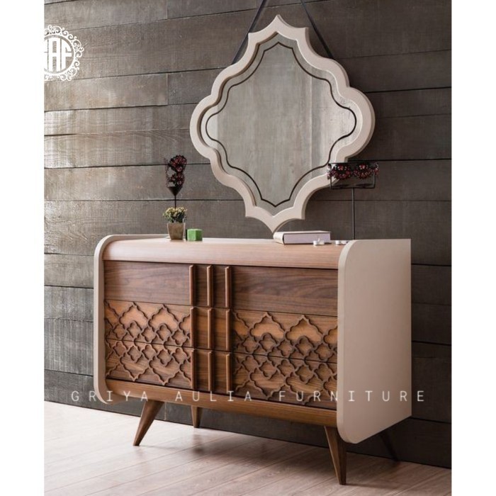 Bufet konsol kayu jati kombinasi duco putih dengan cermin terbaru