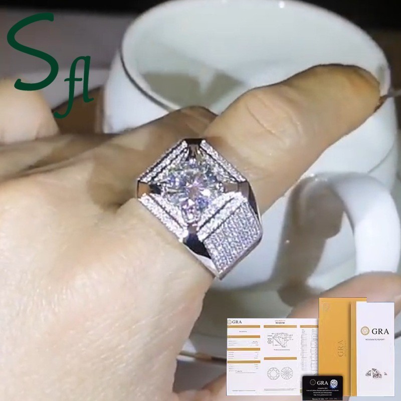 SFL Cincin Pria Berlian Penuh 3 Karat, Cincin Lebar Moissanite 18K Dengan Sertifikat GRA