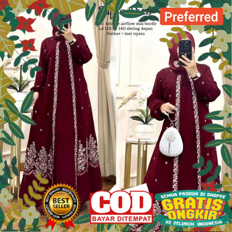 Gamis Bordir Premium Matt Cerinkle Jumbo Ld 120 Bordir Bunga Cantik SYAFIRA Gamis Pesta Mewah Elegan