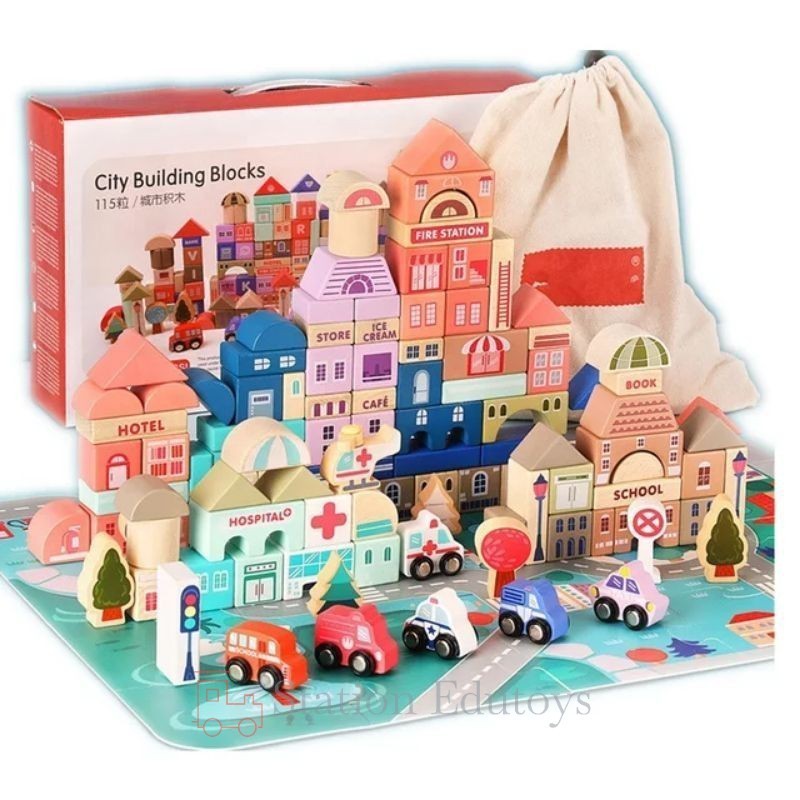 [station] Mainan Edukasi Membangun Anak Balok Kayu Bangunan Kota Warna - Magic Color City