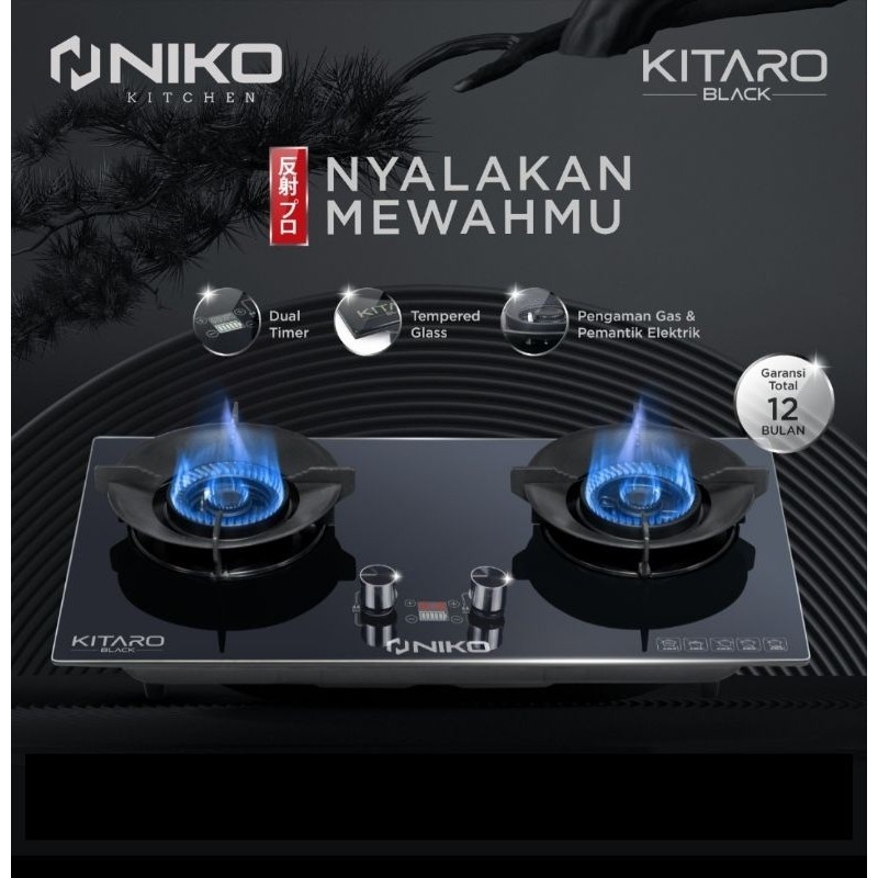 NIKO KOMPOR TANAM KACA MEWAH 2 TUNGKU DENGAN DOUBLE TIMER KITARO BLACK / KOMPOR TANAM NIKO PHANTOM 3