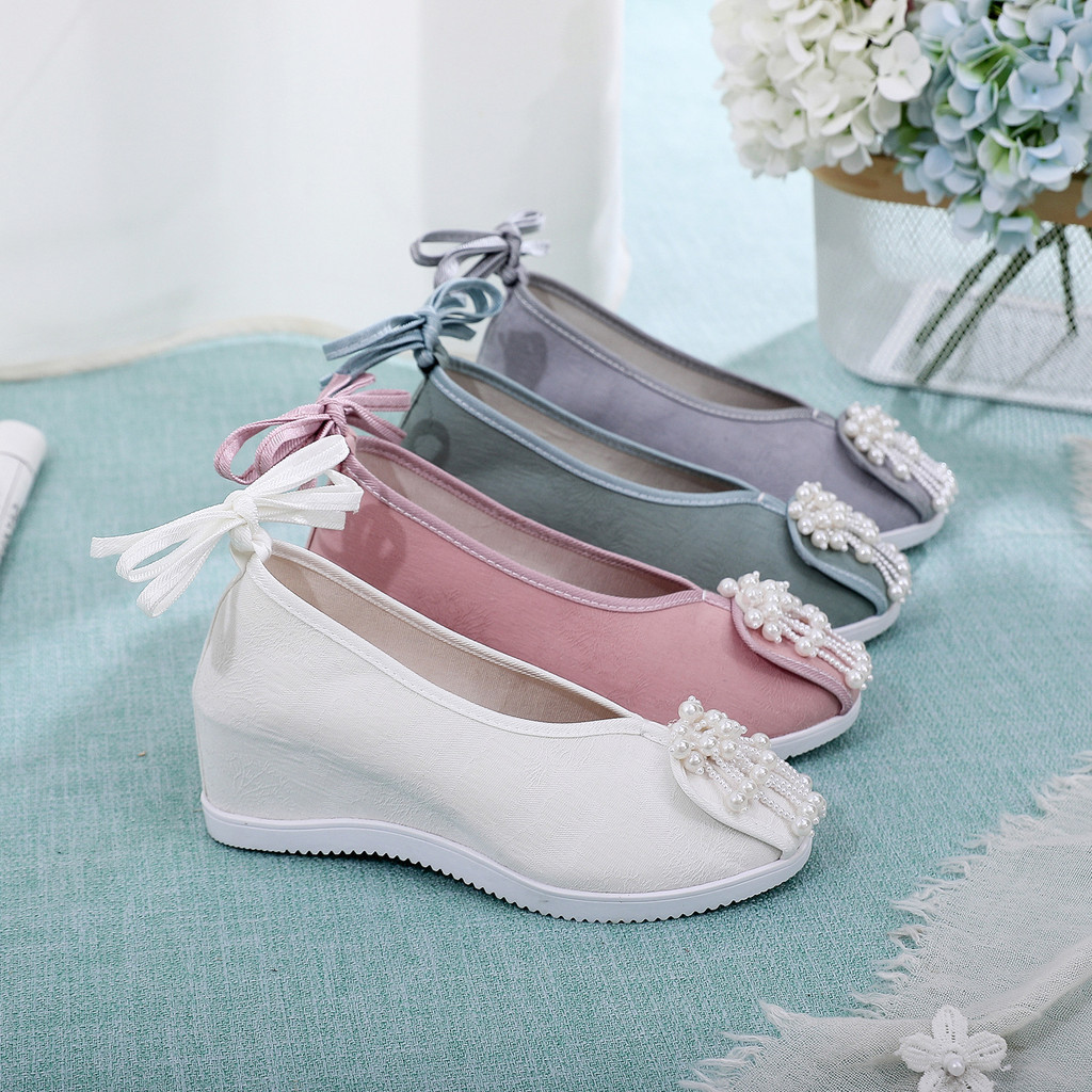 Sepatu Insole Penambah Tinggi Polos 7Cm Sepatu Antik untuk Pakaian Han China Sepatu Kain Berbordir K