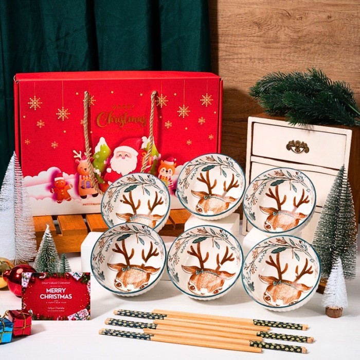 

[New Arrival]Promo!!! Hampers Natal Japanese Bowl set isi 6 mangkok keramik souvenir hadiah - Rusa 6 Natal