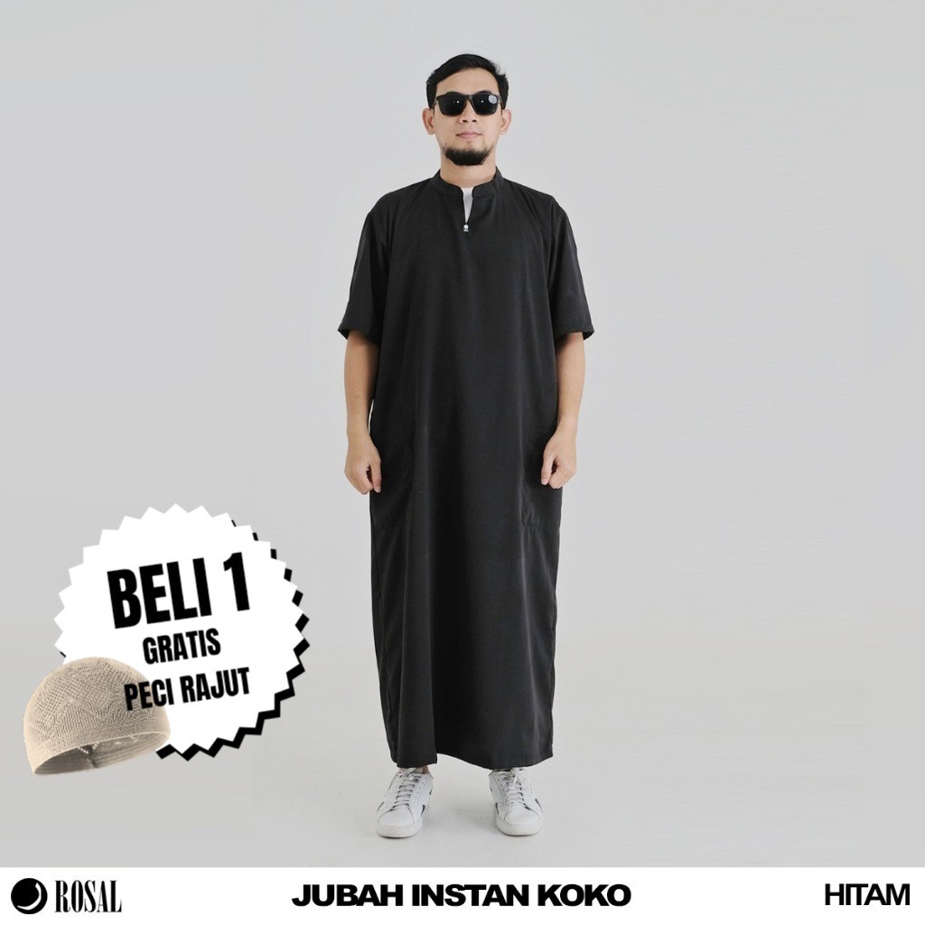 Rosal Jubah Instan Kerah Koko Lengan Pendek Warna Hitam Putih Dongker Coklat Kopi Maroon Abu Bahan M