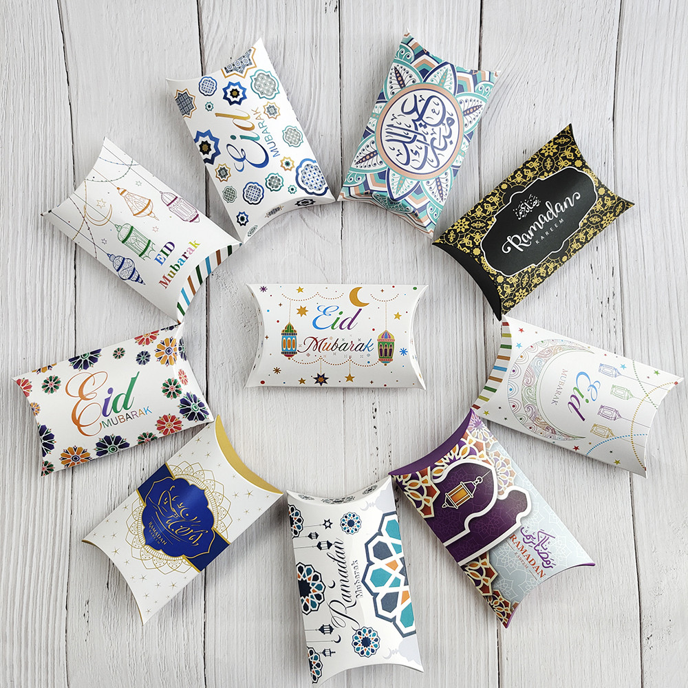 

10pcs Eid Mubarak Gift Kraft Bag Box Pillow Candy Cookie Chocolate Paper Box Ramadan Kareem Decoration Party Supplies Kids Gift