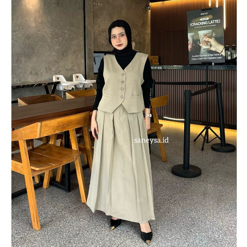 HY76T Emma One Set Vintage - Setelan Vest Wanita - Rok Flare Wanita - Rok Panjang Maxi Wanita - Skir