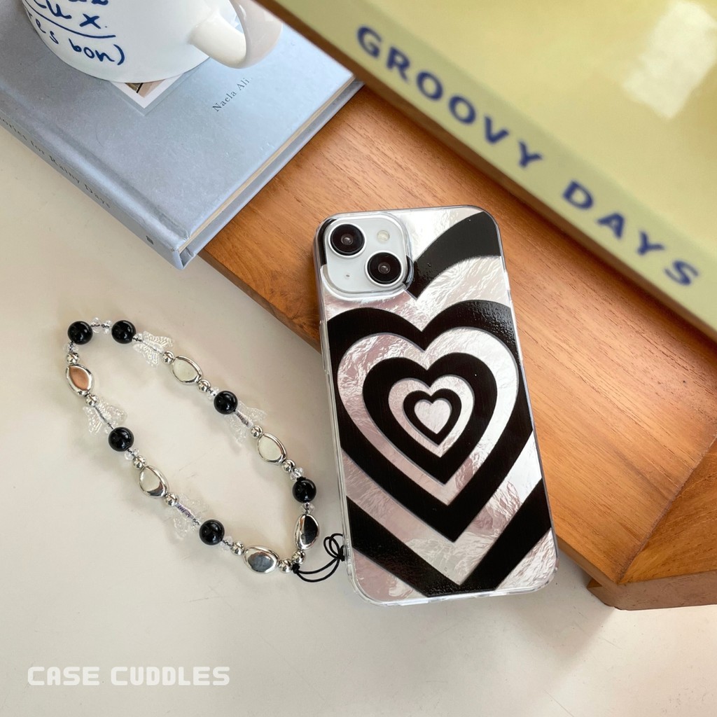 [POCKETCASE] Silver Love Case with Phone Strap -  Case iPhone Aesthetic for 11 -15PROMAX