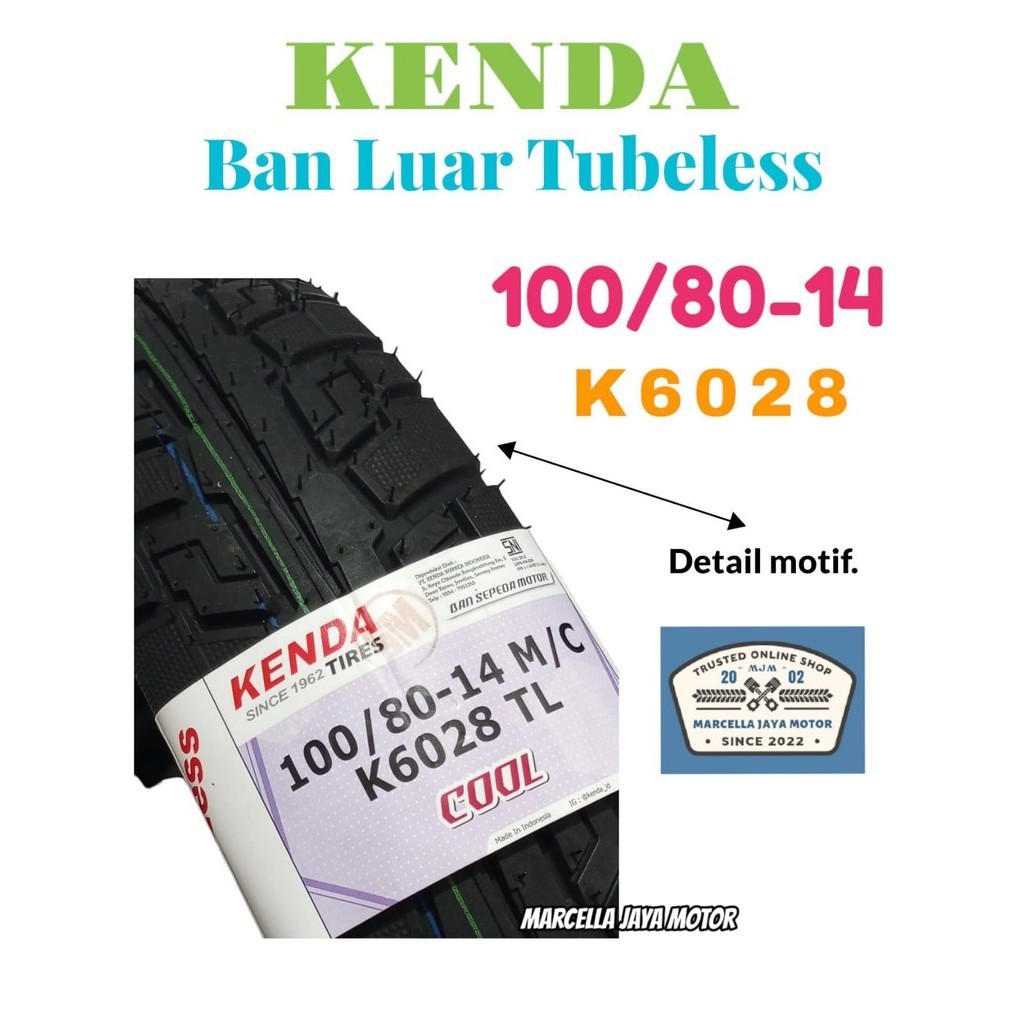 KENDA BAN LUAR TUBELESS 100/80-14 KODE K6028 100 80 14 RING 14 BAN MOTOR TUBLES MURAH