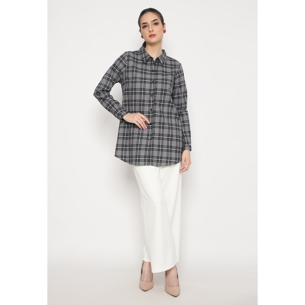 Freya Gray Night Puricia Blouse Wanita Berkerah Kemeja Kotak