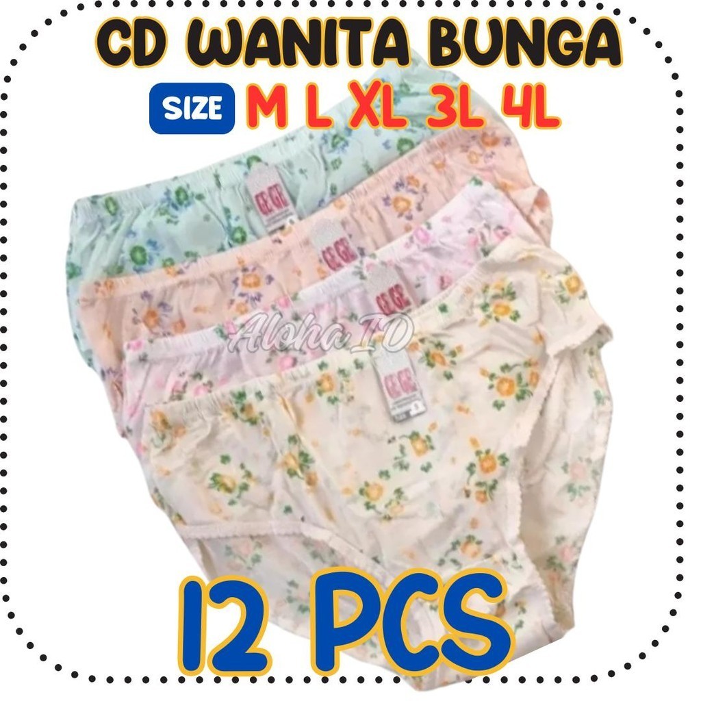 12 Pcs CD Putri Yuliana Celana Dalam Wanita Dewasa Katun Motif Bunga Grosir Aloha ID