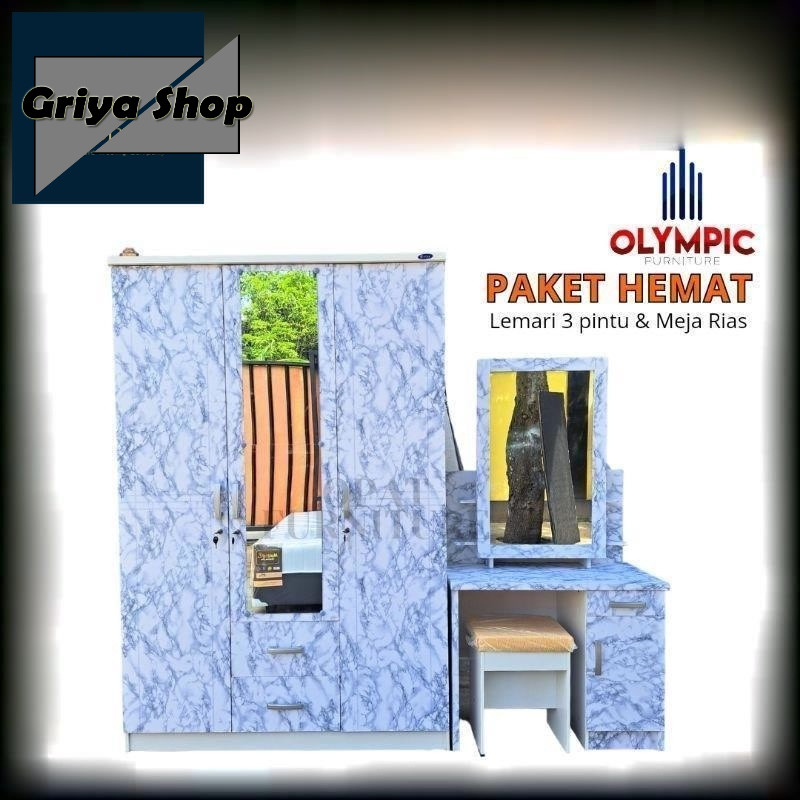 (COD) Set Lemari 3 Pintu dan Meja Rias Kaca Sliding - Lemari  dan Meja Rias Murah - Satu Set