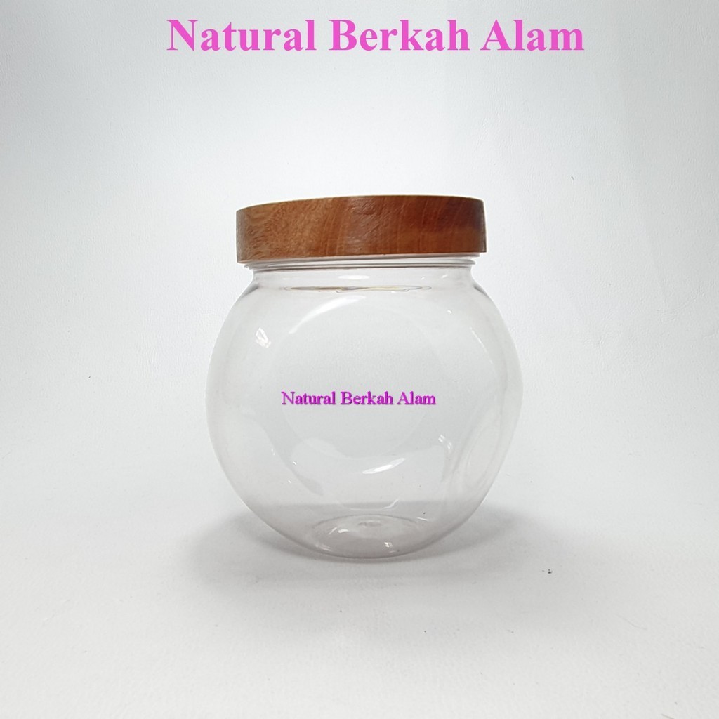 Toples Plastik 1 L Pet Bulat Jadul Natural Tutup Kayu / Toples Bawang Goreng / Toples Snack / Toples