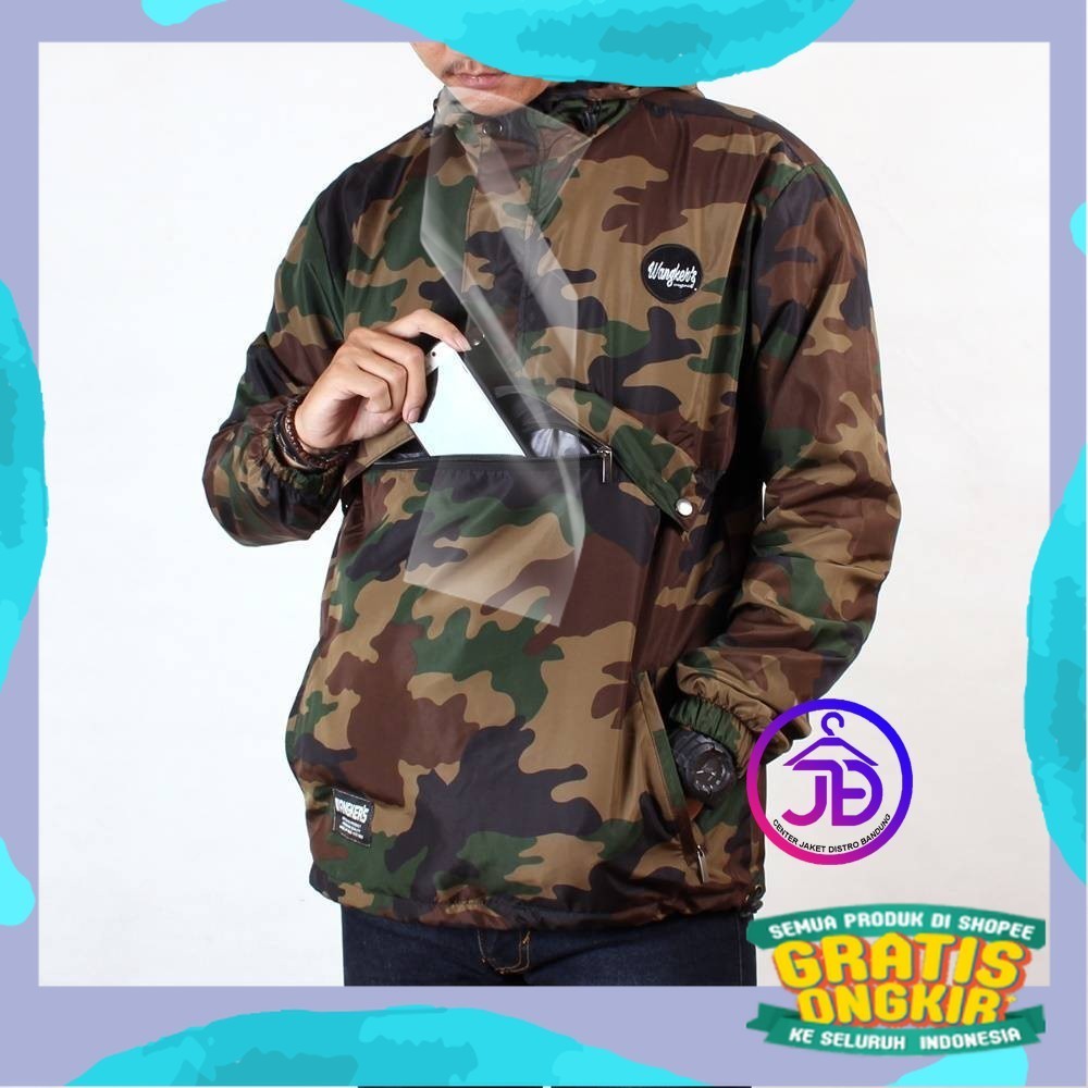 Jaket Pria Loreng Camo Army / Jaket Hoodie Outdoor Pria / Jaket Cagoule Kantong Doraemon/ Prambowo