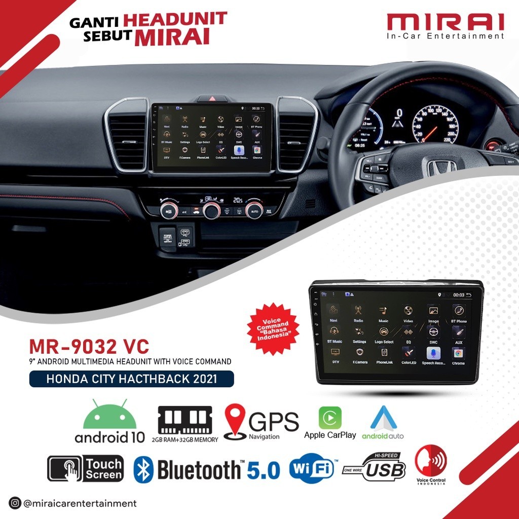 Head Unit Android City Hatchback 2021 Mirai MR-903VC Carplay