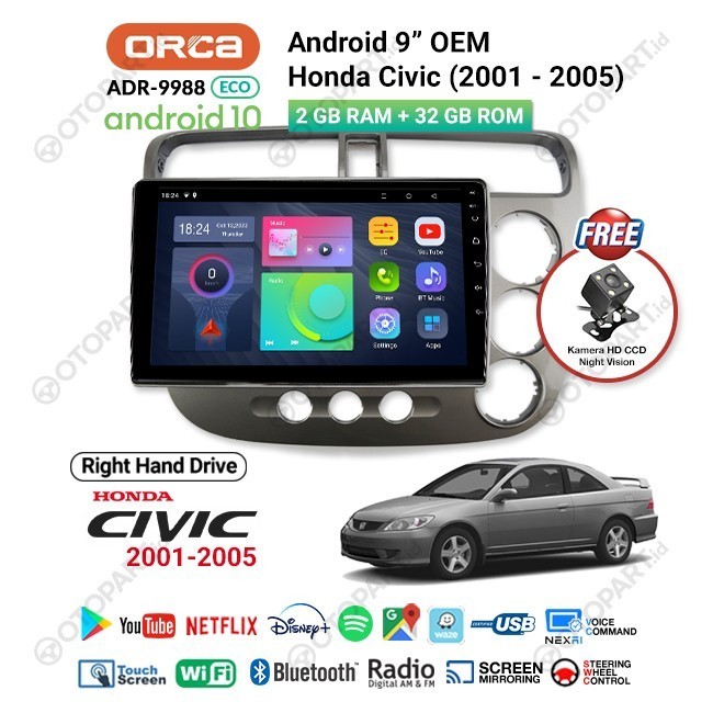 Head Unit TV Android 9″ inch OEM Honda Civic VTi 2001-2005 ORCA RHD - ECO RHD