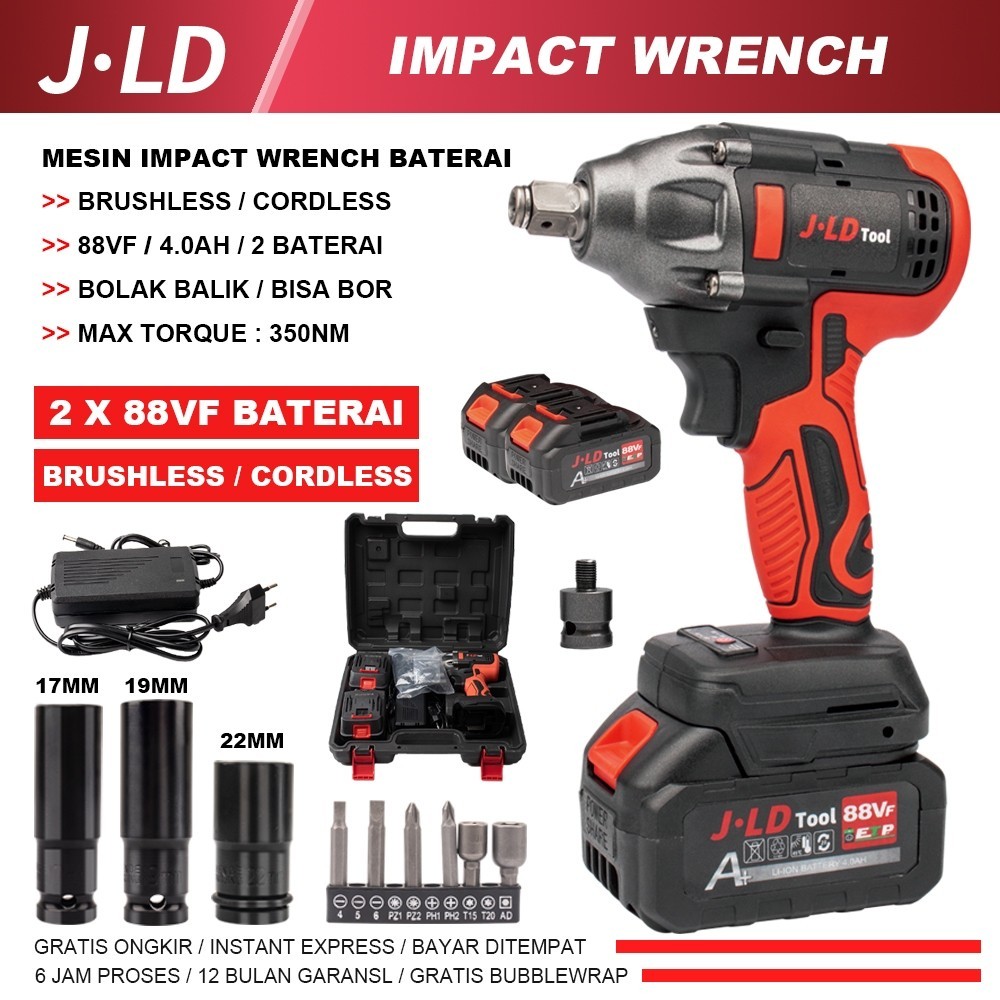 JLD 13MM CORDLESS IMPACT WRENCH BRUSHLESS 350N.M impact baterai 48VF MESIN BOR JV88 UNTUK BAUT MOBIL