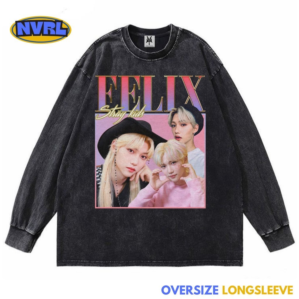 Kaos oversize longsleeve stray kids felix homage washed washing vintage tee
