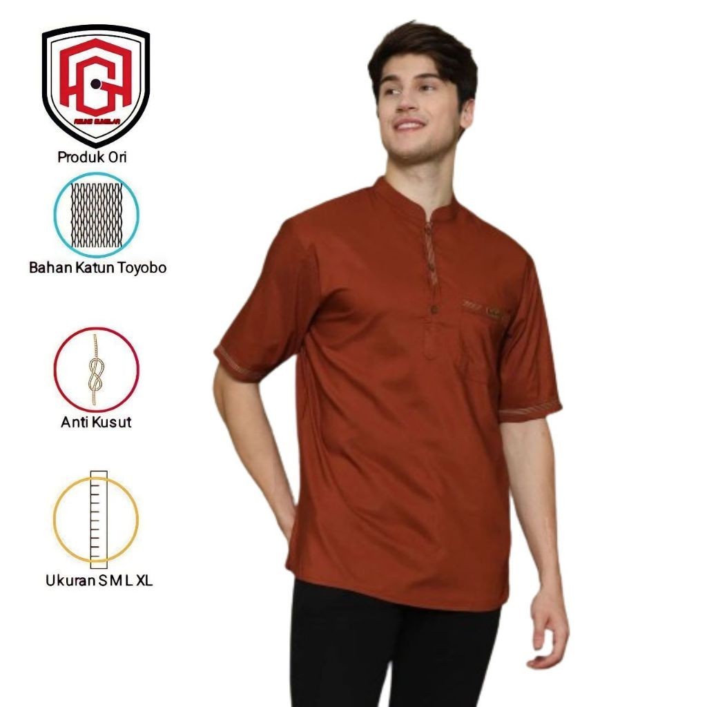 Asakhi Collection- Baju Koko Pria Dewasa Lengan Pendek Kurta Sakka Katun Premium Terbaru Warna Merah