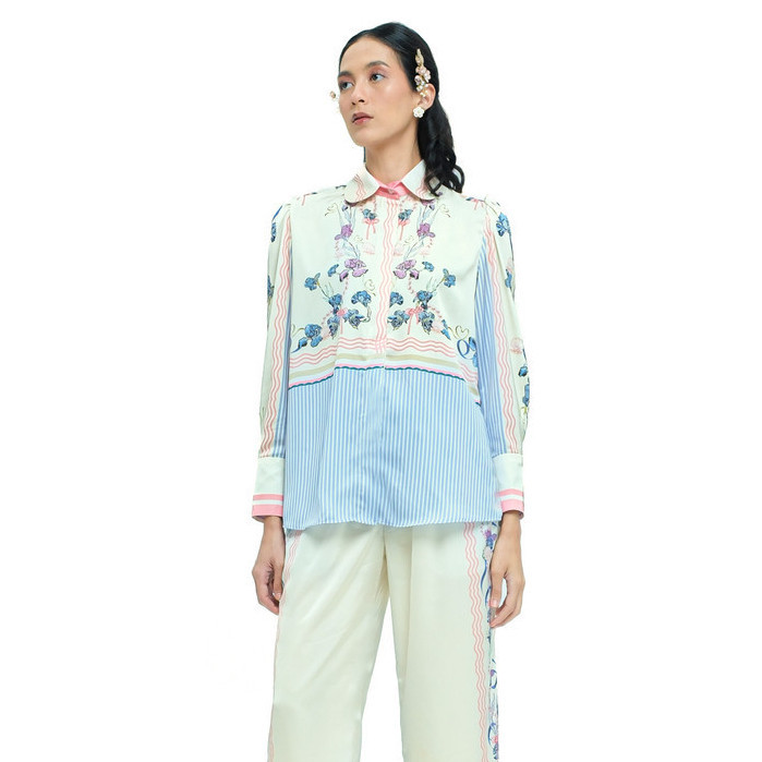 RTW STUDIO PREMIUM COLLECTION - Kemeja Lengan Panjang Wanita Print Coralee Sailor White Ivory [Limit