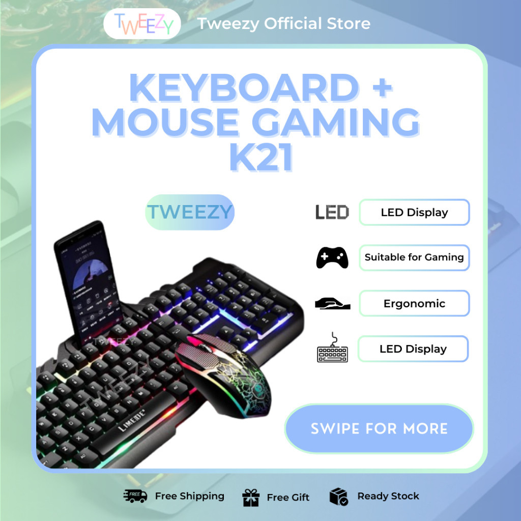 Keyboard Mouse Gaming Combo Set T21 K21 Kabel USB LED Lightning RGB Warna Warni 104 Tombol Keycaps D