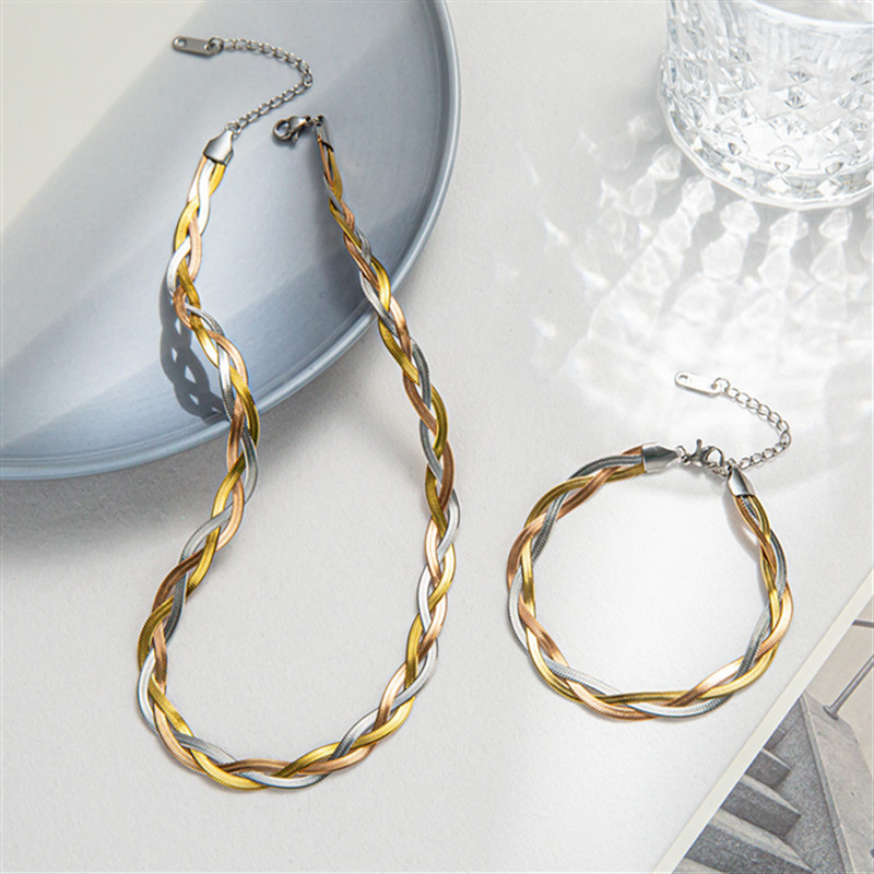 Bracelet And Necklace Jewelry Set For Woman Stainless Steel Twisted 3 Tones Braided Herringbone Neck