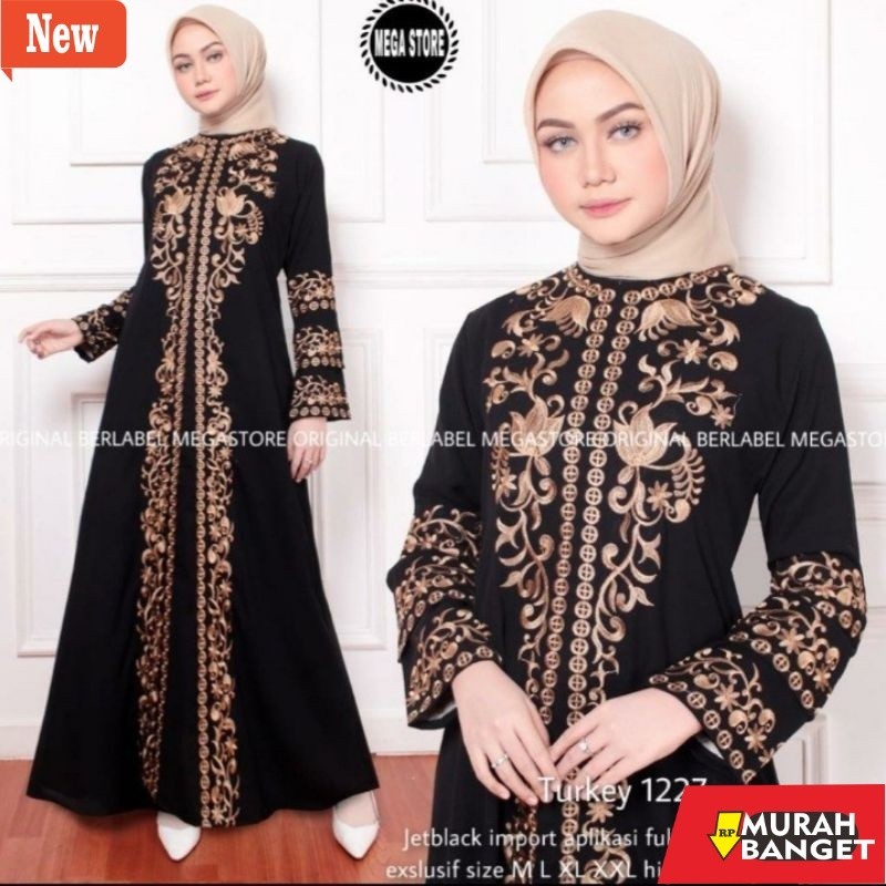 BAJU TIMUR TENGAH WANITA UNTUK LEBARAN- gamis syari wanita dewasa ibu muslimah hitam elegan model te