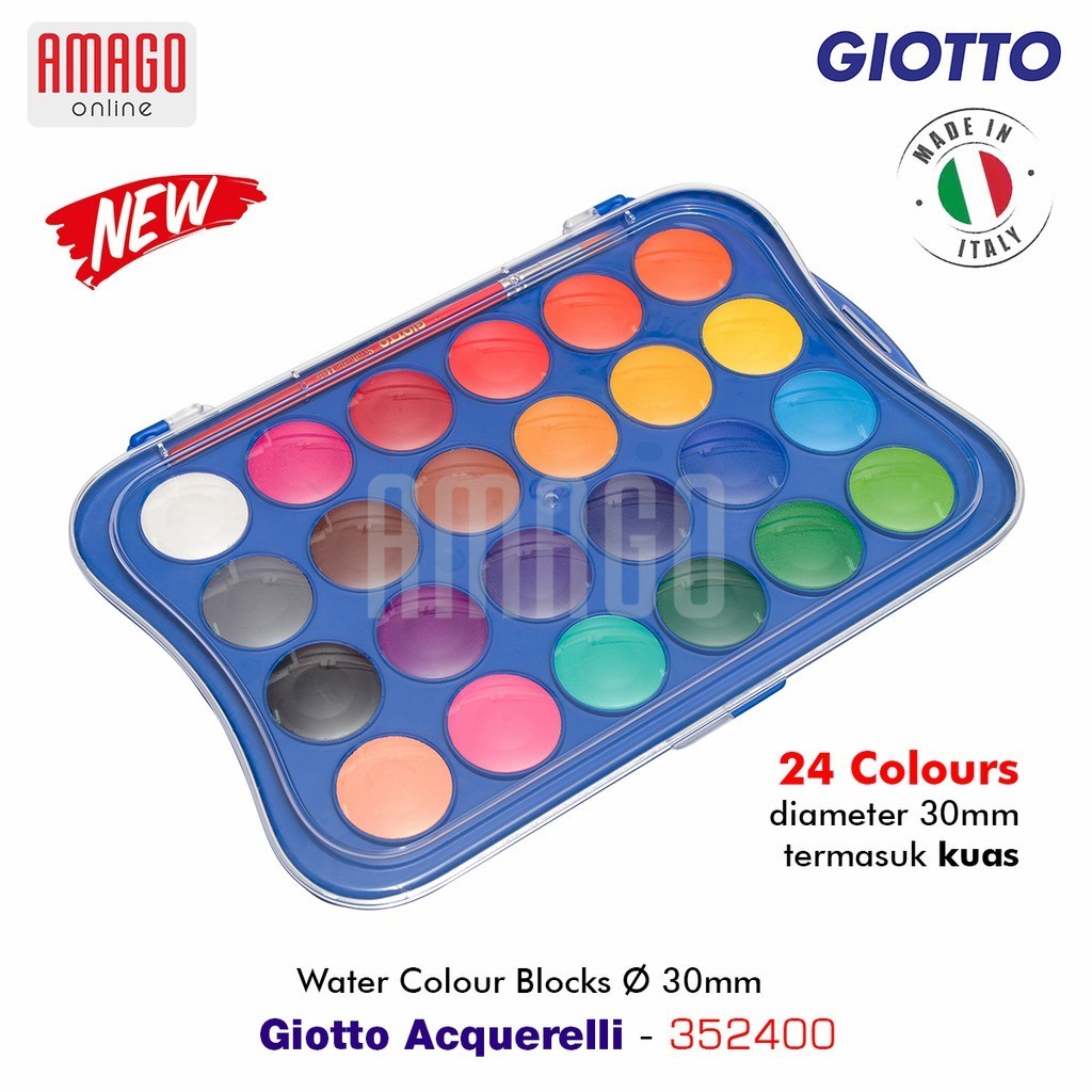 

GIOTTO Acquerelli - Watercolour Blocks Free Brush Blok Cat Air Poster - Paket 24 warna - Ø 30 mm - 352400 + Bonus Kuas