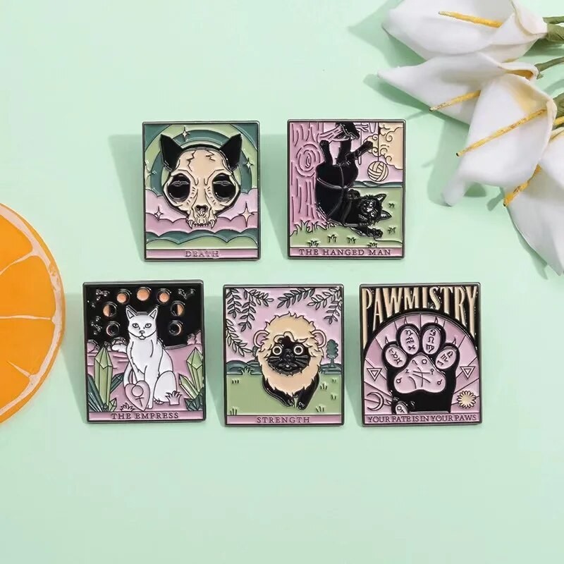 Gothic Mysterious Cat Tarot Enamel Pin Kawaii Cat's Paw Lion Brooches Lapel Metal Badge Punk Jewelry