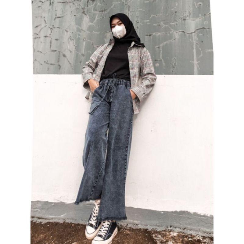 (COD)Celana Kulot Jeans Rawis Snow All Size L-XL BB 35-58Kg Pinggang Full Karet/Celana Boyfriend Raw
