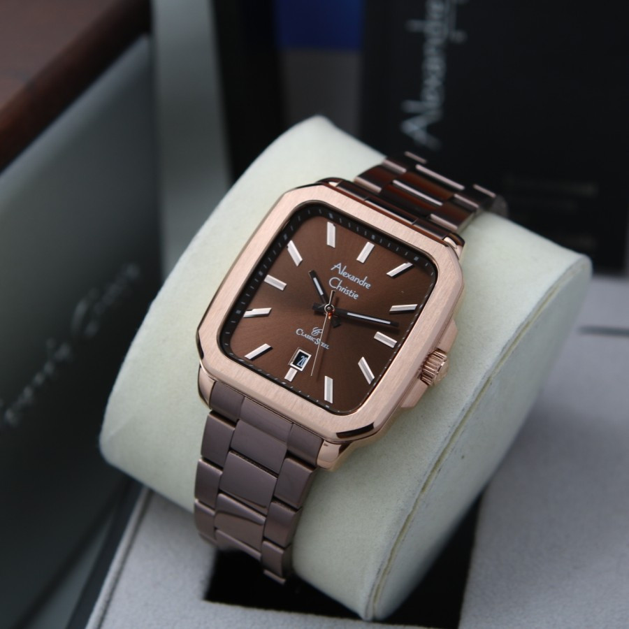 Jam Tangan Pria Alexandre Christie AC 8687 Rantai kotak Classic Steel Original NW R1 MOS2