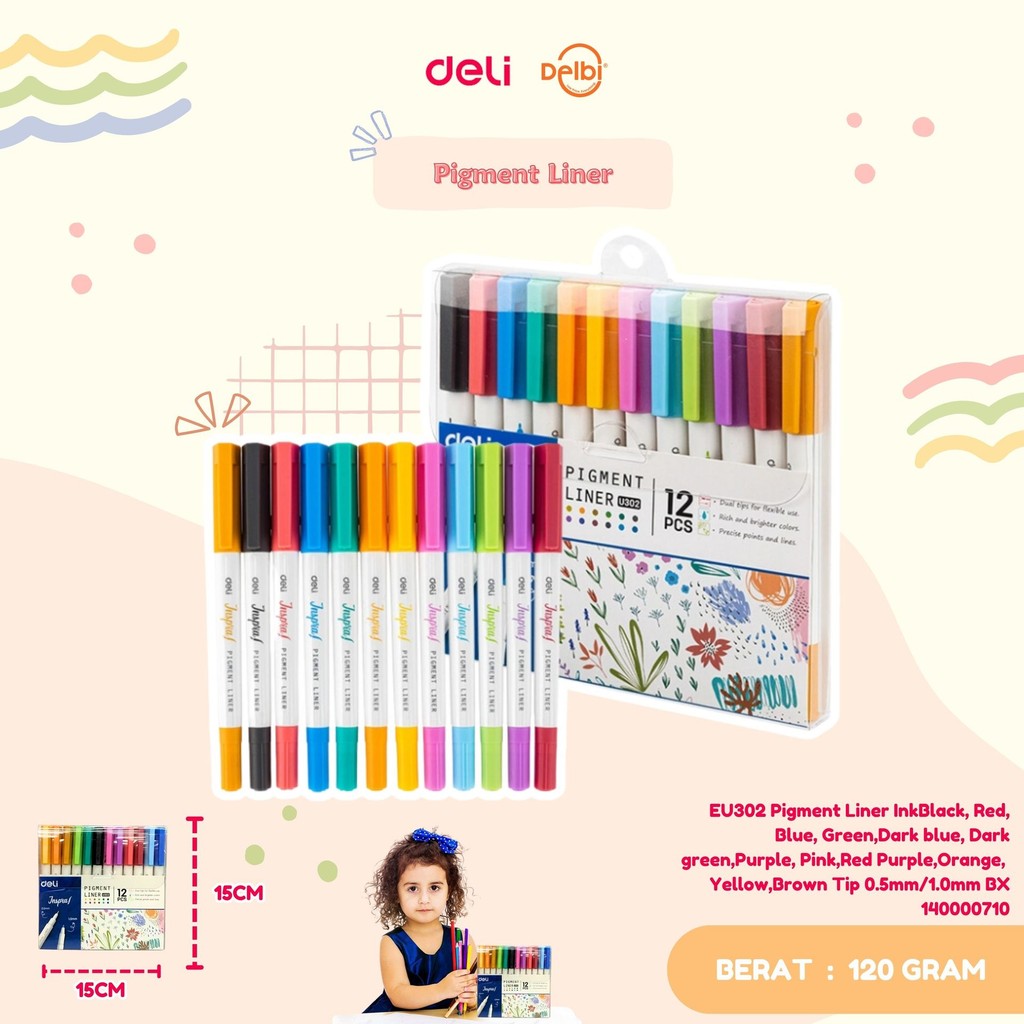 

DELI EU302 Pigment Liner InkBlack, Red, Blue, Green, Dark blue, Dark green,Purple, Pink,Red Purple,Orange, Yellow,Brown Tip 0.5mm/1.0mm