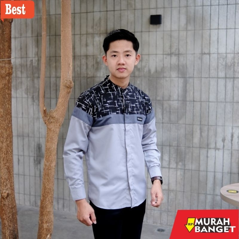 Baju muslim lengan panjang- Baju Koko El Rumi Lengan Panjang Pria Dewasa Kombinasi Batik Motif Senop