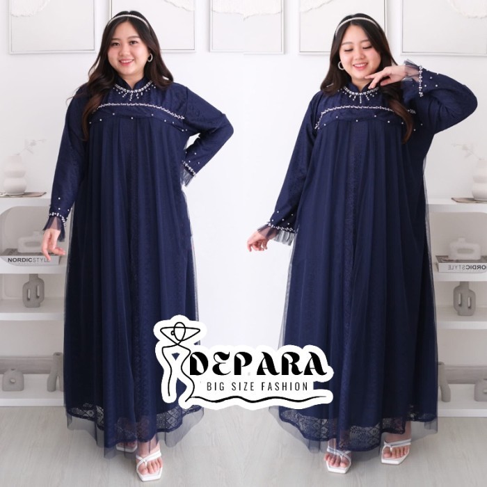 Gaun Pesta Wanita Brokat Gamis Jumbo Allora LD 130-140-150cm - GABM2 NAVY, LD 130 CM