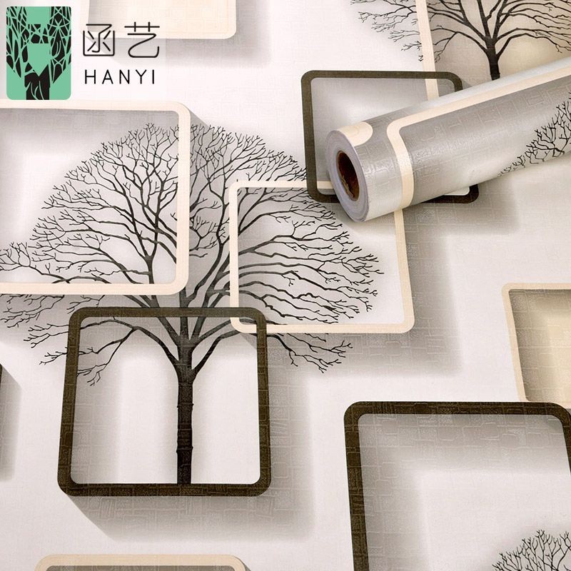 Wallpaper Stiker Dinding Ruang Tamu 3D Kotak Pohon Krem Premium Aestetic