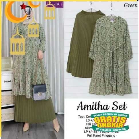 Setelan Wanita Rok Atasan Tunik Amitha One Set Kayla Bahan Ceruty Babydoll Full Furing Rok Plisket P
